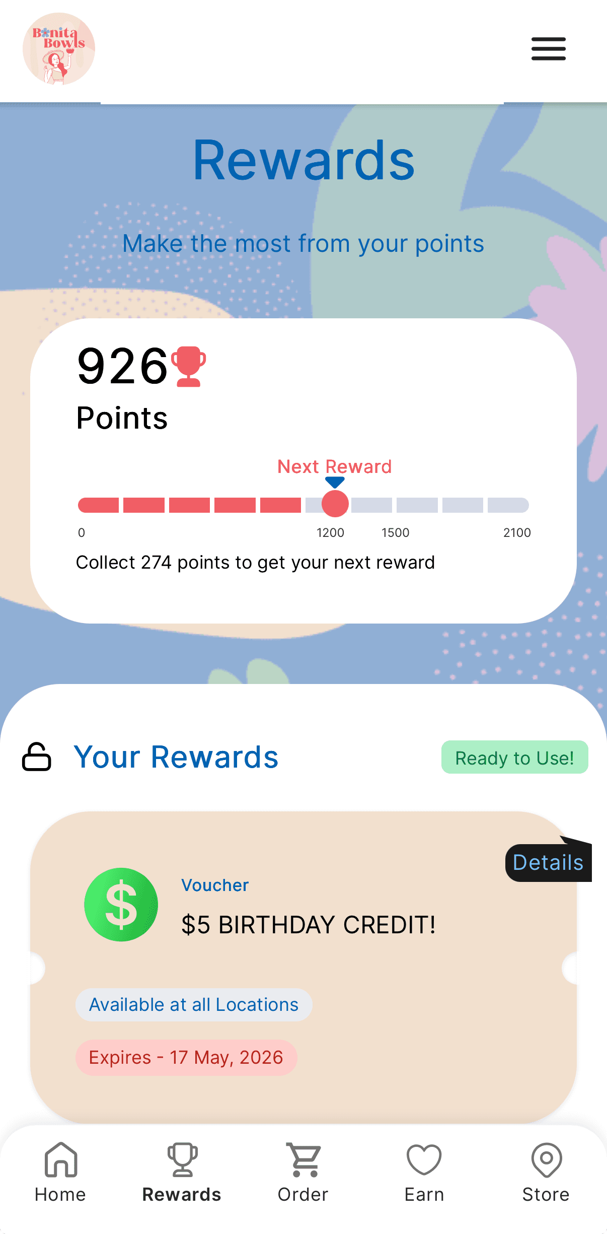 Bonita Bowls loyalty app: Rewards screen showing points balance and a $5 birthday credit voucher